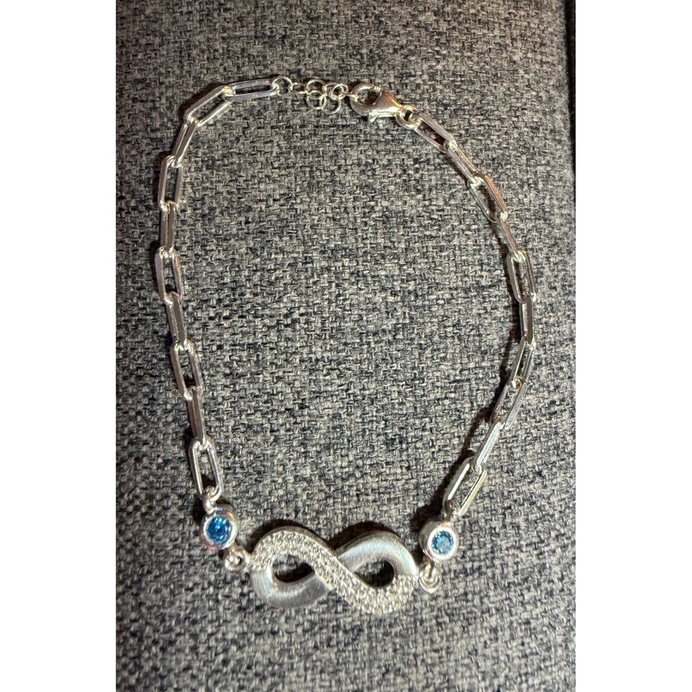 925 Sterling Silver Infinity Blue Stone Paperclip Chain Bracelet‎ 7.5 Inch